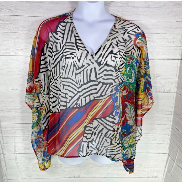 Chico’s L/XL black white colorful Sheer women blouse Whimsical artsy resort boho - Picture 1 of 4